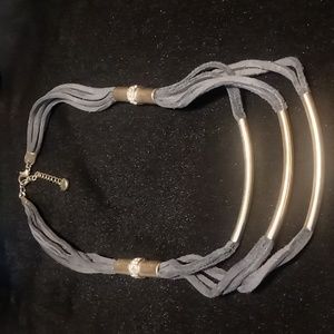 Loft Necklace suede Leather strung w/ gold tone accents with clear crystals